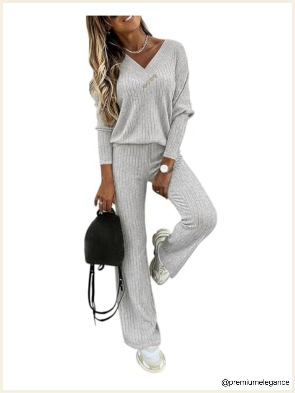 Women's Ribbed Knit 2 Piece Lounge Set Wide Leg Pants